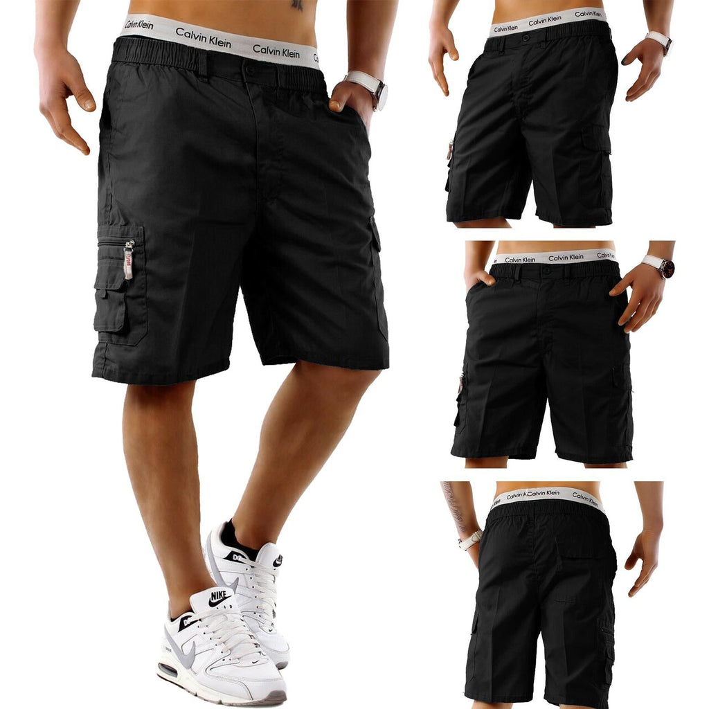Mens Elasticated Waist Cargo Shorts Multi Pockets Combat