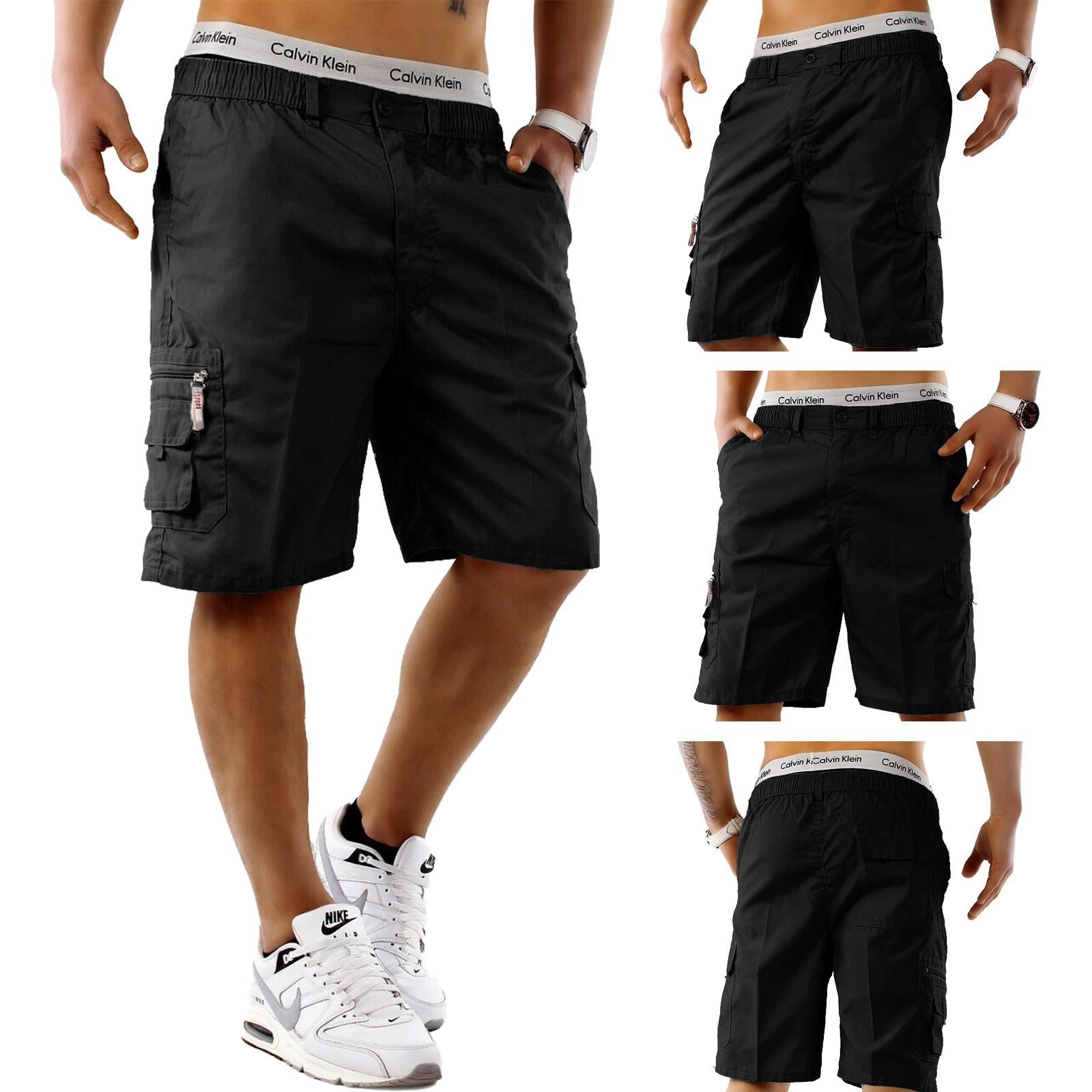 Mens Elasticated Waist Cargo Shorts Multi Pockets Combat