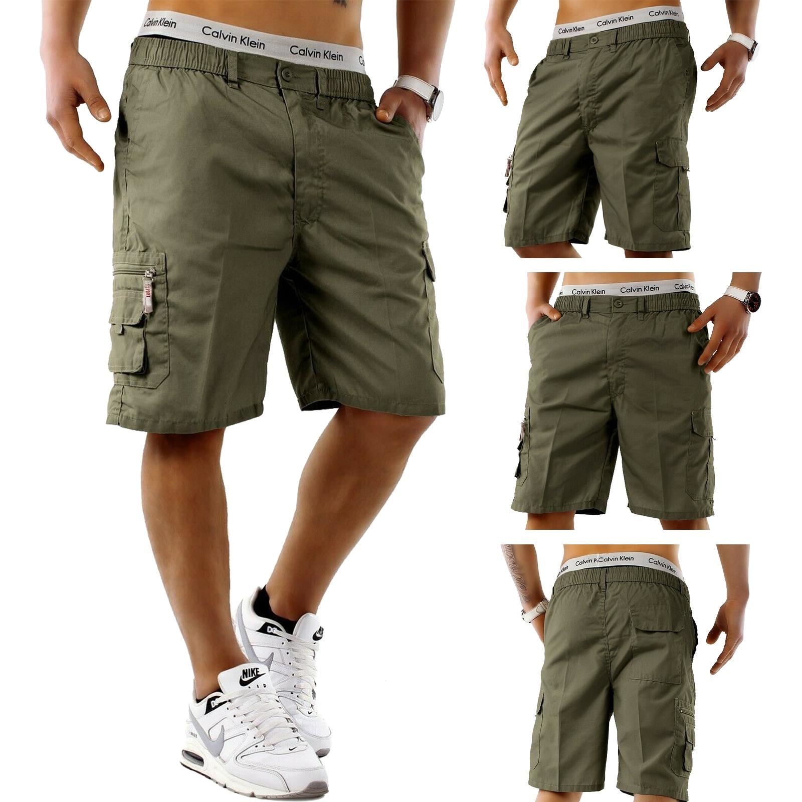Mens Elasticated Waist Cargo Shorts Multi Pockets Combat